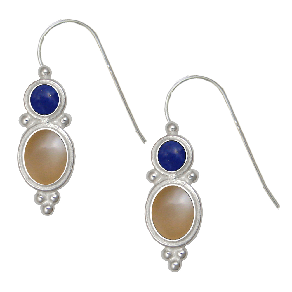 Sterling Silver Drop Dangle Earrings Peach Moonstone And Lapis Lazuli